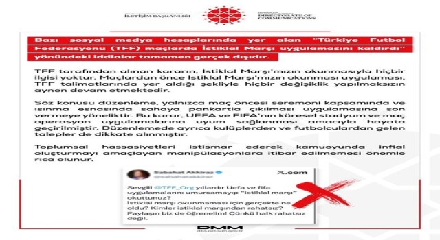 DMM’den maçlarda İstiklal Marşı uygulanması kaldırıldı iddialarına yalanlama