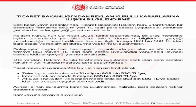 Ticaret Bakanlığı: ”Bir otomotiv firmasına 863 milyon lira ceza uygulandığı haberleri gerçeği yansıtmamaktadır”
